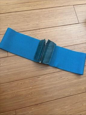 Herve Leger Teal Stretch Belt with Leather Buckle